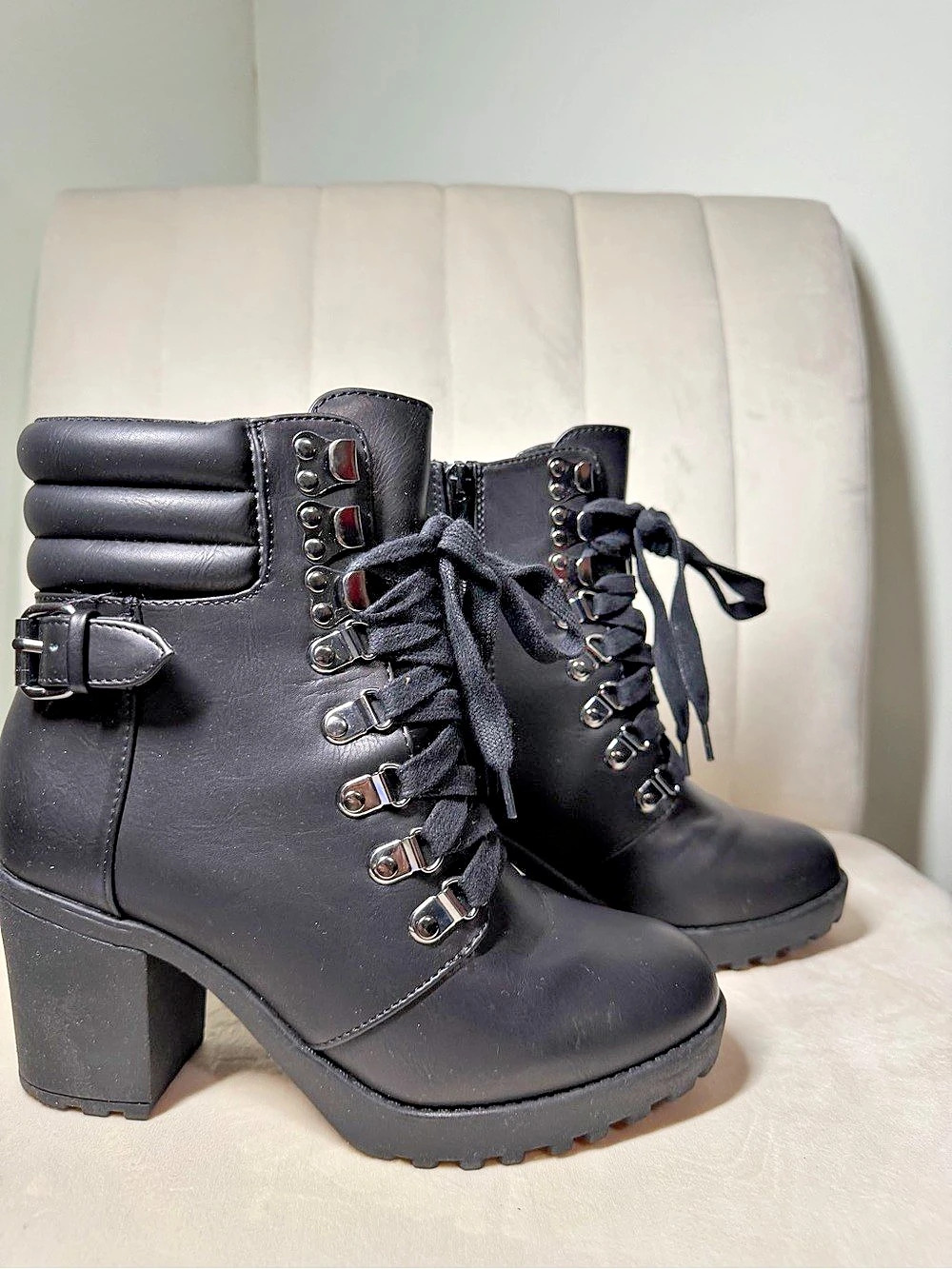 Black Combat Heeled Ankle Boots Like New